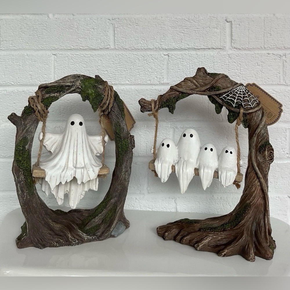 Halloween Spooky Ghost Family on Swing Decorations Tree Figurines Decor Lot Of 2